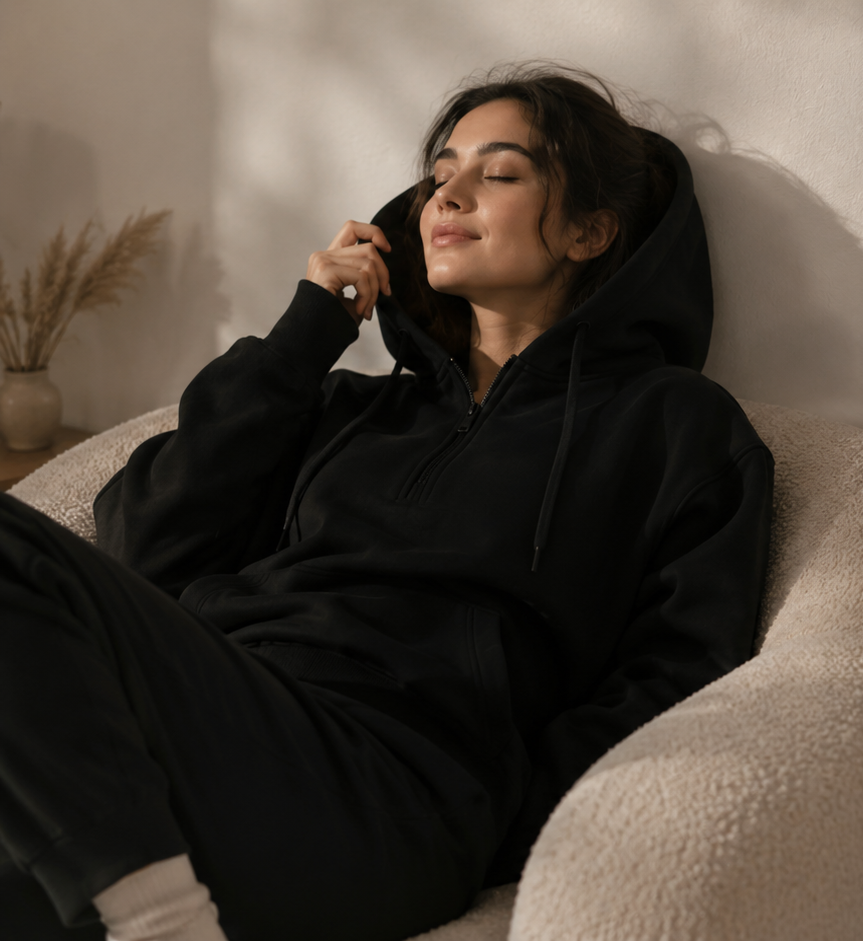 Person wearing a weighted soft hoodie lying on a couch