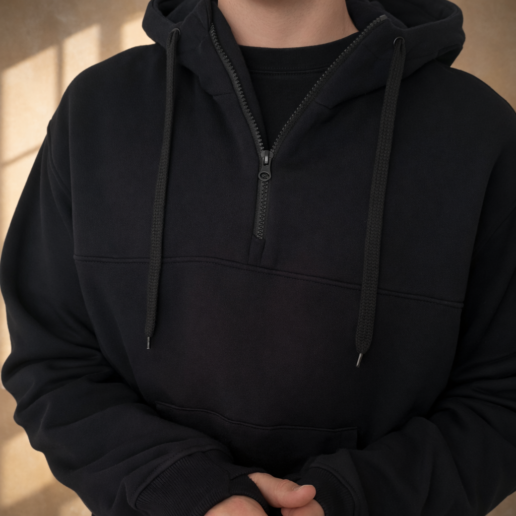 close up to quarter-inch-zip 247calm hoodie