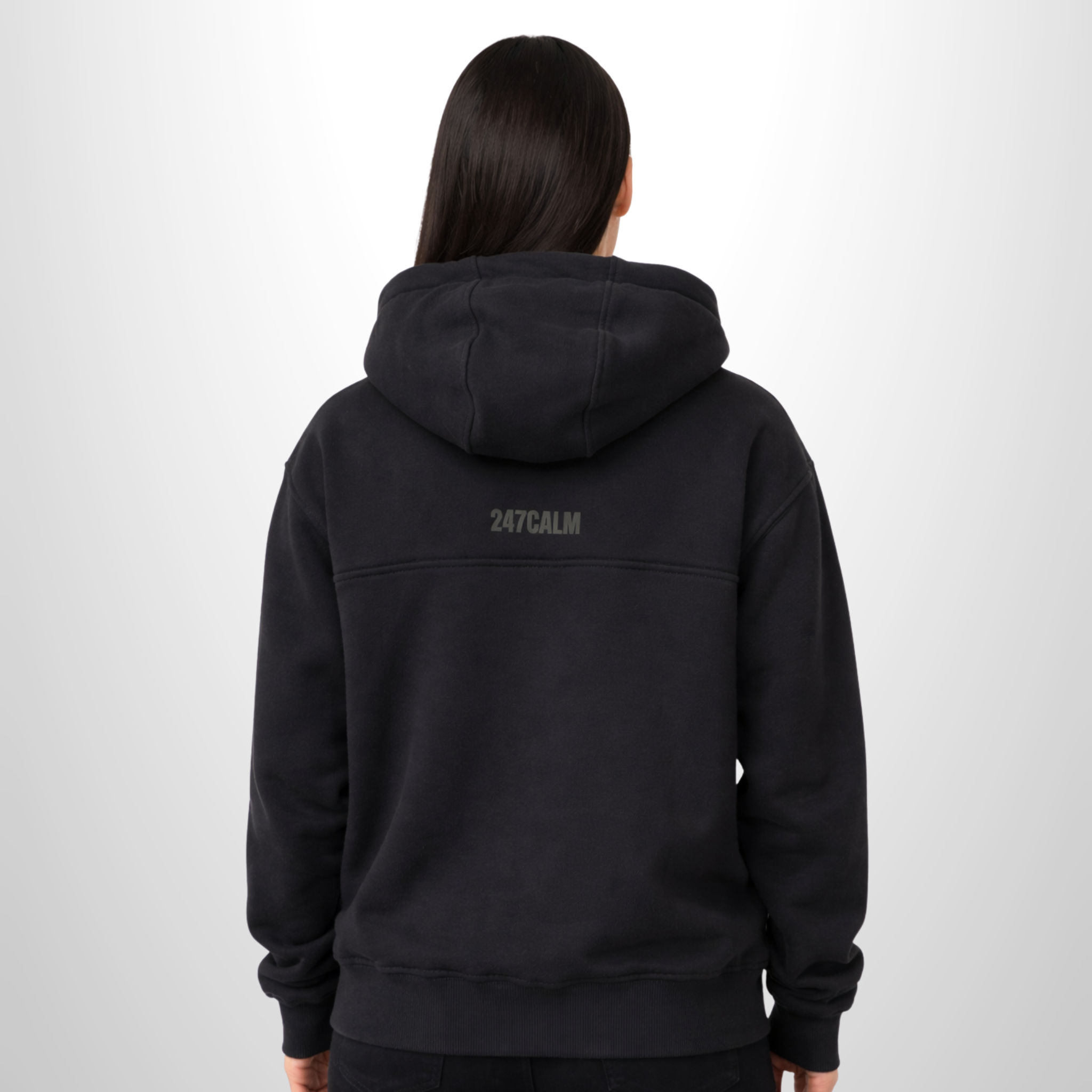 woman_with 247calm hoodie back side hood off