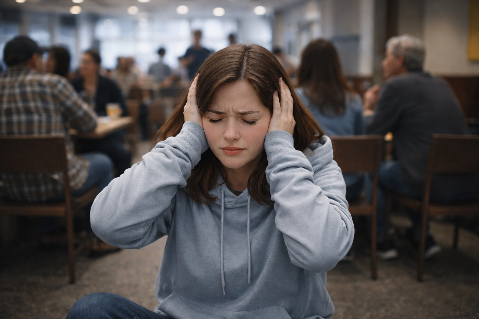 person in busy room covering ears because of Noise Sensitivity and Hyperacusis