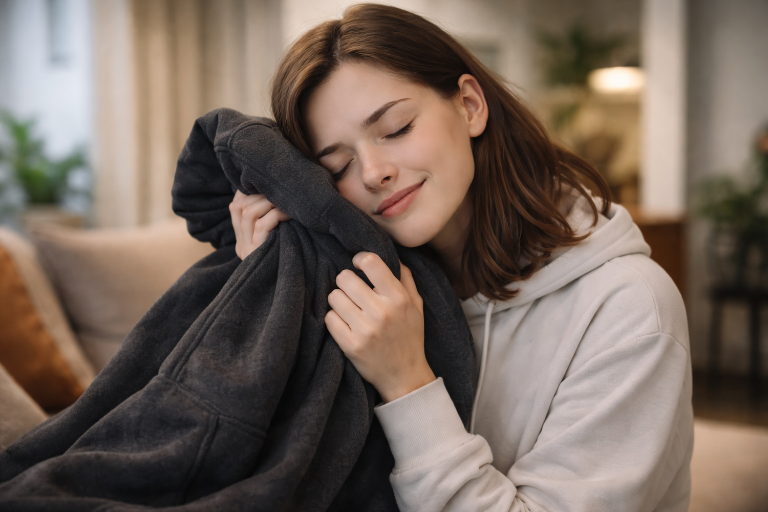 woman holds soft sensory friendly hoodie hoodie
