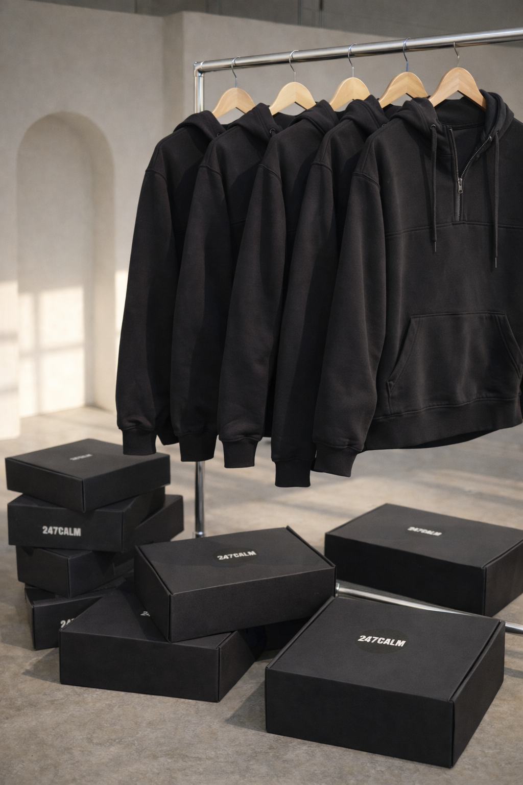 247calm hoodies hanging in studio 