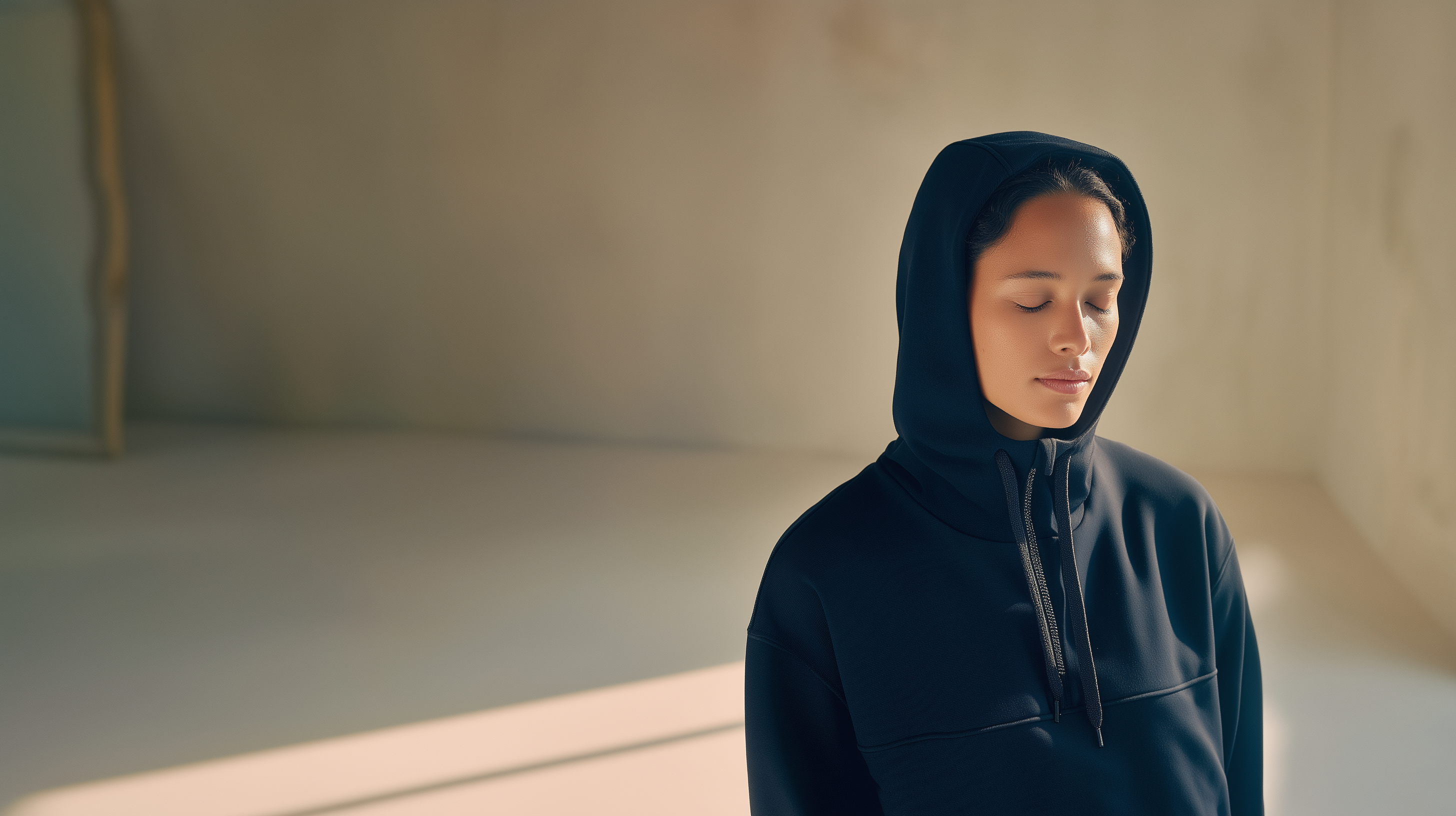 hero image woman with noise reducing 247calm hoodie on