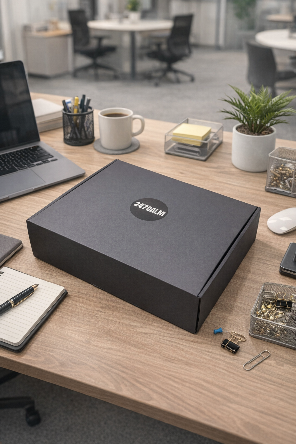 A black rectangular product box sits on a light wood desk in a blurred office setting. The desk also contains a laptop, mug, plant, sticky notes, and office accessories.